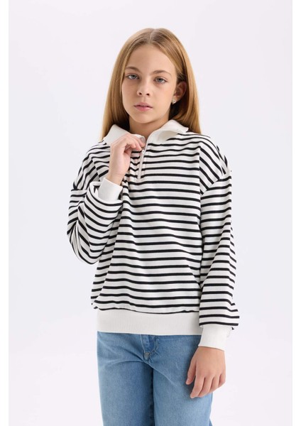 Kız Çocuk Oversize Geniş Kalıp Yarım Fermuarlı Çizgili Sweatshirt D2883A824WN