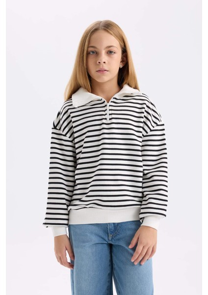Kız Çocuk Oversize Geniş Kalıp Yarım Fermuarlı Çizgili Sweatshirt D2883A824WN