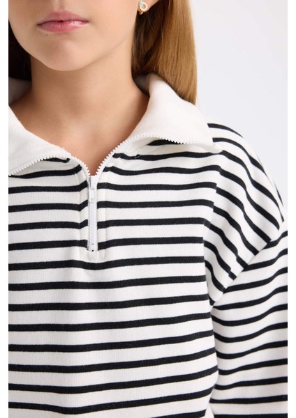 Kız Çocuk Oversize Geniş Kalıp Yarım Fermuarlı Çizgili Sweatshirt D2883A824WN