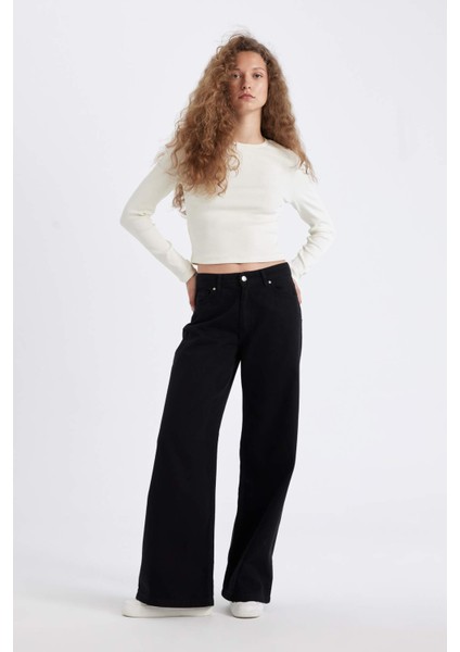 Wide Leg Kışlık Gabardin Siyah Pantolon Geniş Bol Paça Normal Bel Basic Düz D3766AX24AU