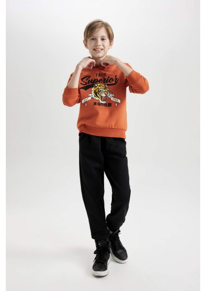 Erkek Çocuk 2'li Takım Kaplan Baskılı Kapüşonlu Sweatshirt Beli Lastikli Jogger Eşofman Altı D3559A824WN