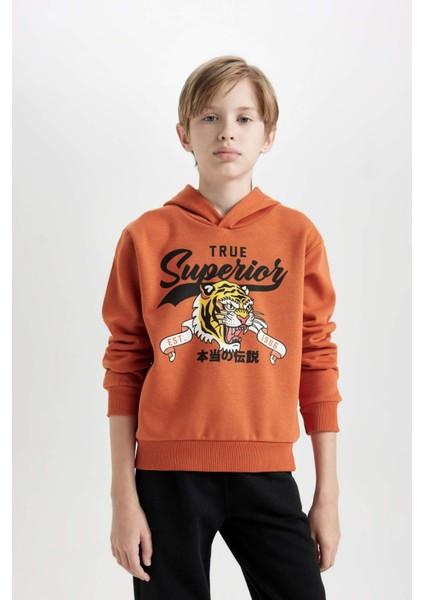 Erkek Çocuk 2'li Takım Kaplan Baskılı Kapüşonlu Sweatshirt Beli Lastikli Jogger Eşofman Altı D3559A824WN