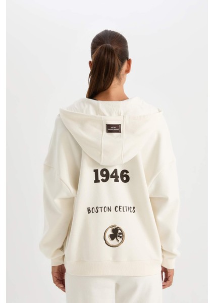 Fit NBA Boston Celtics Oversize Geniş Kalıp Kapüşonlu Sırt Baskılı Kalın Fermuarlı Sweatshirt D0691AX24AU