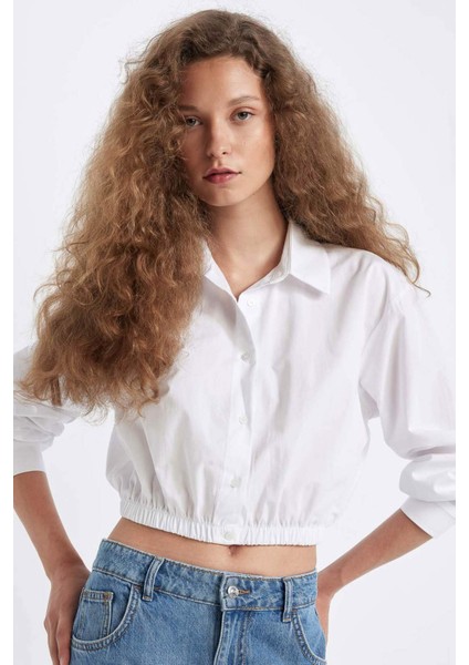 Oversize Geniş Kalıp Basic Düz Etek Ucu Lastikli Poplin Uzun Kollu Gömlek D4006AX24AU