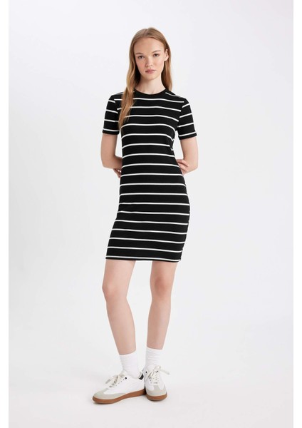 Coool Bodycon Vücudu Saran Bisiklet Yaka Çizgili Fitilli Kaşkorse Kısa Kollu Mini Elbise D5987AXNS