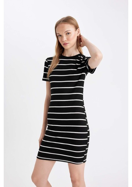 Coool Bodycon Vücudu Saran Bisiklet Yaka Çizgili Fitilli Kaşkorse Kısa Kollu Mini Elbise D5987AXNS