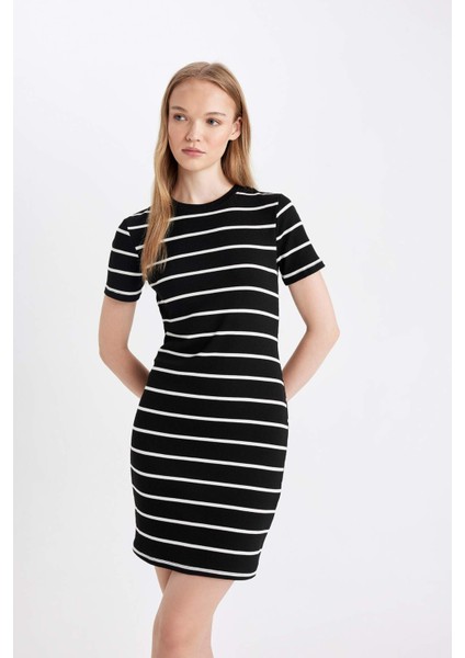 Coool Bodycon Vücudu Saran Bisiklet Yaka Çizgili Fitilli Kaşkorse Kısa Kollu Mini Elbise D5987AXNS