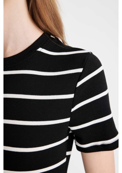 Coool Bodycon Vücudu Saran Bisiklet Yaka Çizgili Fitilli Kaşkorse Kısa Kollu Mini Elbise D5987AXNS