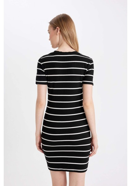 Coool Bodycon Vücudu Saran Bisiklet Yaka Çizgili Fitilli Kaşkorse Kısa Kollu Mini Elbise D5987AXNS