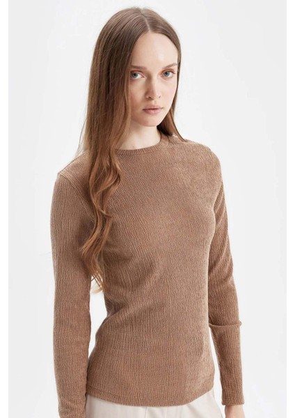 Bisiklet Yaka Bürümcük Basic Düz Uzun Kollu Tişört D5020AX24AU