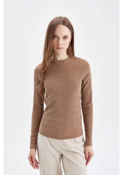 Bisiklet Yaka Bürümcük Basic Düz Uzun Kollu Tişört D5020AX24AU