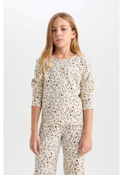 Kız Çocuk Pijama Takımı Çiçekli Uzun Kollu Üst Uzun Alt D6052A824AU