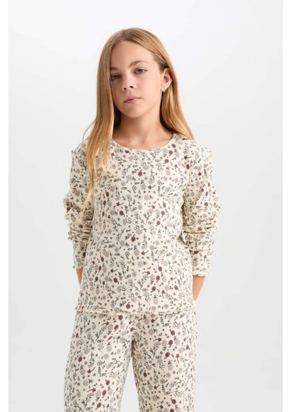 Kız Çocuk Pijama Takımı Çiçekli Uzun Kollu Üst Uzun Alt D6052A824AU