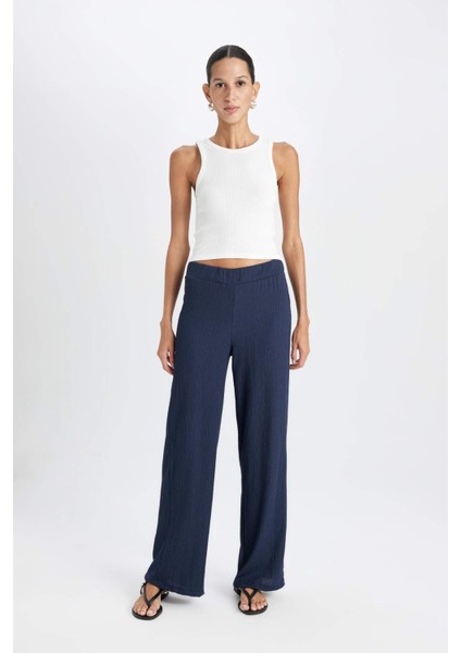 Bürümcük Pantolon Lacivert Wide Leg Geniş Bol Paça Beli Lastikli C0200AX24AU