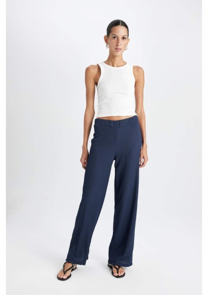 Bürümcük Pantolon Lacivert Wide Leg Geniş Bol Paça Beli Lastikli C0200AX24AU