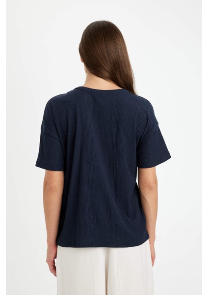 Relax Fit Bisiklet Yaka Bağlamalı Bürümcük Kısa Kollu Tişört D5446AX24AU