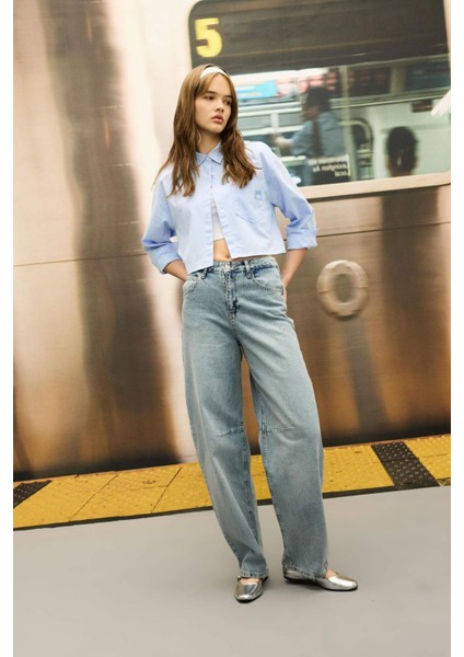 Coool Oversize Geniş Kalıp Basic Düz Cepli Oxford Uzun Kollu Crop Gömlek D4031AX24AU
