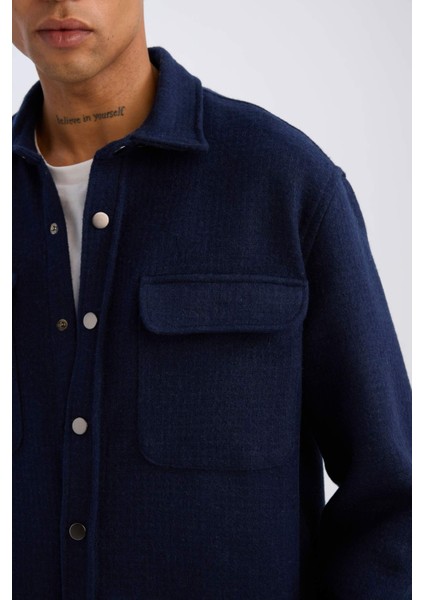 Lacivert Regular Fit Polo Yaka Basic Düz Uzun Kollu Gömlek Ceket D3374AX24AU