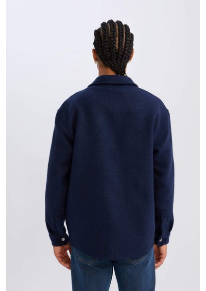 Lacivert Regular Fit Polo Yaka Basic Düz Uzun Kollu Gömlek Ceket D3374AX24AU