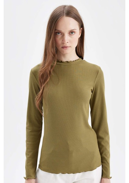 Yarım Balıkçı Yaka Fitilli Kaşkorse Basic Düz Uzun Kollu Tişört