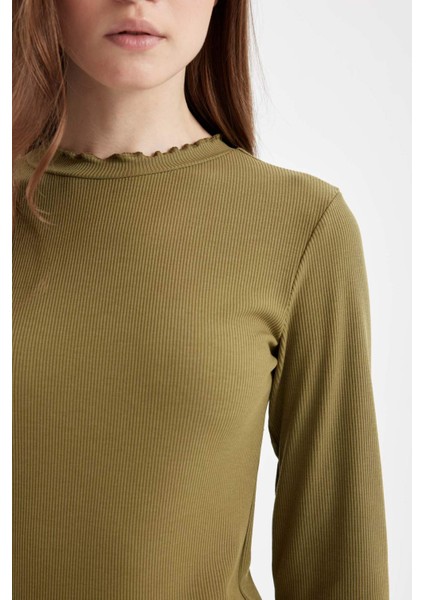 Yarım Balıkçı Yaka Fitilli Kaşkorse Basic Düz Uzun Kollu Tişört