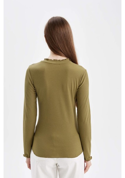 Yarım Balıkçı Yaka Fitilli Kaşkorse Basic Düz Uzun Kollu Tişört