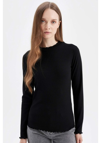 Yarım Balıkçı Yaka Fitilli Kaşkorse Basic Düz Uzun Kollu Tişört