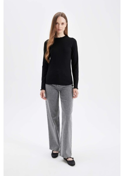 Yarım Balıkçı Yaka Fitilli Kaşkorse Basic Düz Uzun Kollu Tişört