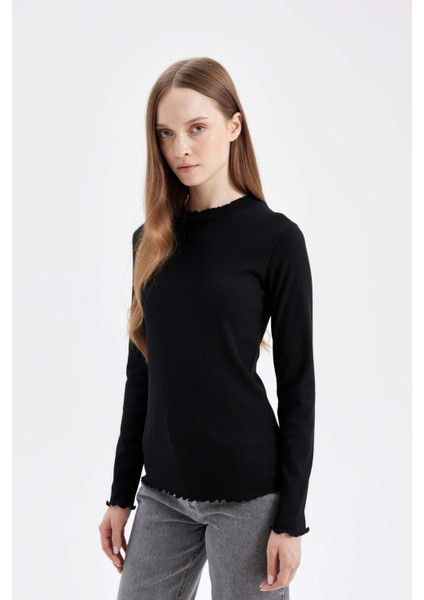 Yarım Balıkçı Yaka Fitilli Kaşkorse Basic Düz Uzun Kollu Tişört