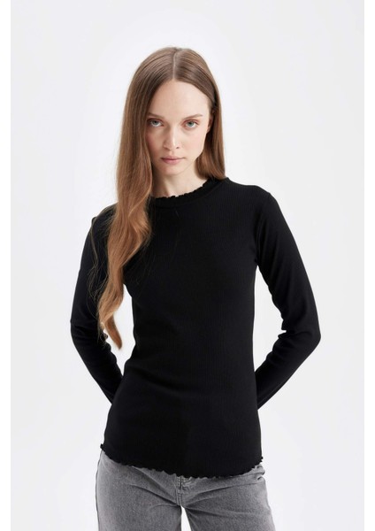 Yarım Balıkçı Yaka Fitilli Kaşkorse Basic Düz Uzun Kollu Tişört