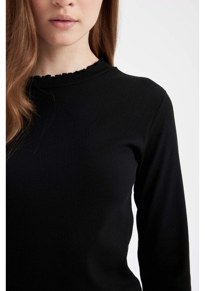 Yarım Balıkçı Yaka Fitilli Kaşkorse Basic Düz Uzun Kollu Tişört