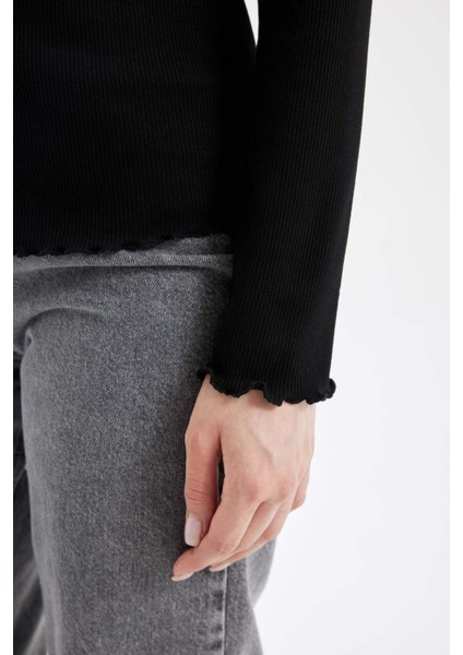 Yarım Balıkçı Yaka Fitilli Kaşkorse Basic Düz Uzun Kollu Tişört