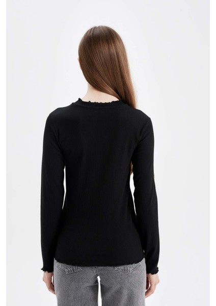 Yarım Balıkçı Yaka Fitilli Kaşkorse Basic Düz Uzun Kollu Tişört