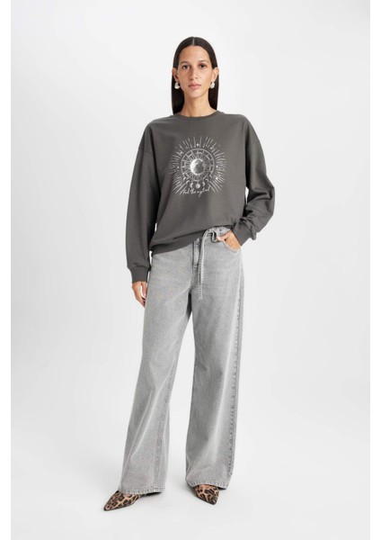 Relax Fit Bisiklet Yaka Baskılı İnce Sweatshirt D5925AX24AU