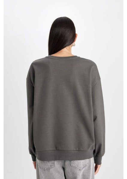 Relax Fit Bisiklet Yaka Baskılı İnce Sweatshirt D5925AX24AU