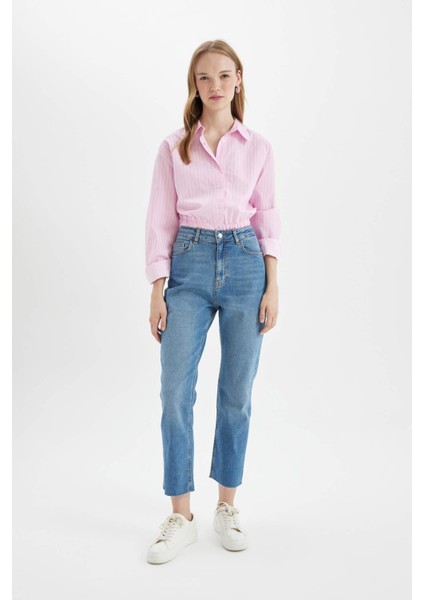 Oversize Geniş Kalıp Çizgili Etek Ucu Lastikli Poplin Uzun Kollu Gömlek D4007AX24AU