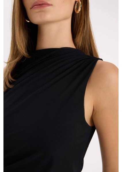 Bodycon Vücudu Saran Yarım Balıkçı Yaka Basic Düz Tül Kolsuz Maxi Abiye Elbise C3519AX24AU