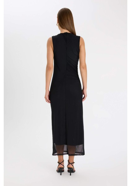 Bodycon Vücudu Saran Yarım Balıkçı Yaka Basic Düz Tül Kolsuz Maxi Abiye Elbise C3519AX24AU