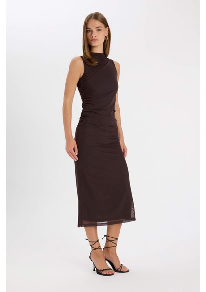 Bodycon Vücudu Saran Yarım Balıkçı Yaka Basic Düz Tül Kolsuz Maxi Abiye Elbise C3519AX24AU