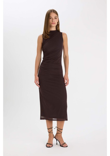 Bodycon Vücudu Saran Yarım Balıkçı Yaka Basic Düz Tül Kolsuz Maxi Abiye Elbise C3519AX24AU