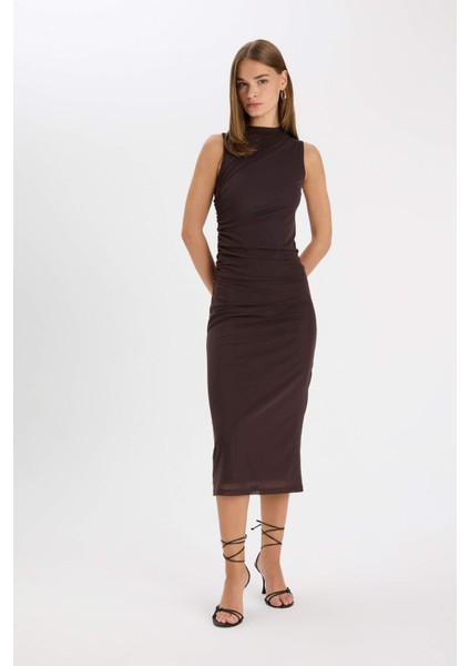 Bodycon Vücudu Saran Yarım Balıkçı Yaka Basic Düz Tül Kolsuz Maxi Abiye Elbise C3519AX24AU
