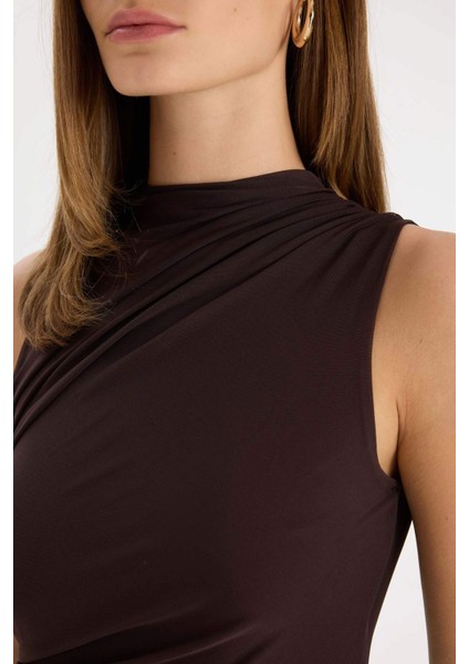 Bodycon Vücudu Saran Yarım Balıkçı Yaka Basic Düz Tül Kolsuz Maxi Abiye Elbise C3519AX24AU