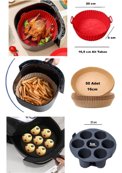 3'lü Airfryer Silikon 7 Gözlü Hava Firitözü Muffin Çörek Kek Kalıbı Yanmaz Yapışmaz