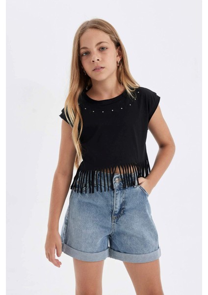 Kız Çocuk Bisiklet Yaka Crop Kısa Kollu Tişört D6096A824SP