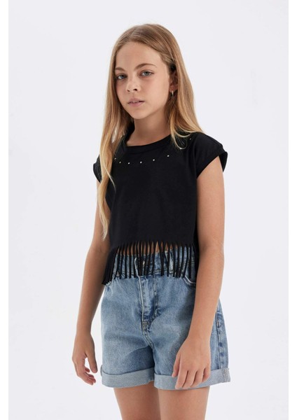 Kız Çocuk Bisiklet Yaka Crop Kısa Kollu Tişört D6096A824SP