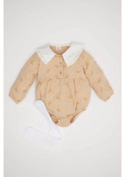 Kız Bebek Yenidoğan 2'li Takım Kelebek Desenli Müslin Çıtçıtlı Uzun Kollu Tulum Külotlu Çorap D6119A524HS