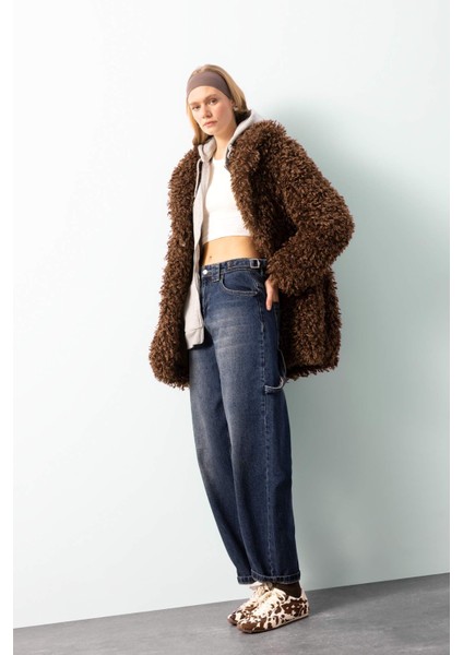 Regular Fit Cepli Çıtçıtlı Uzun Suni Kürk Ceket Mont D6033AX24WN