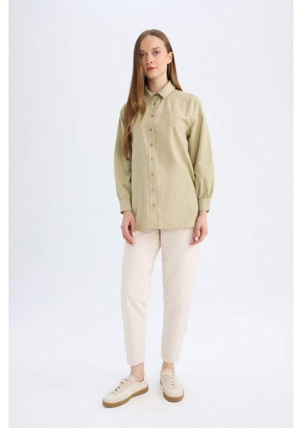Relax Fit Gömlek Yaka Poplin Basic Düz Uzun Kollu Gömlek Tunik D4159AX24AU