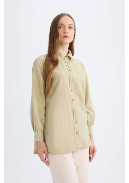Relax Fit Gömlek Yaka Poplin Basic Düz Uzun Kollu Gömlek Tunik D4159AX24AU