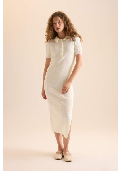 Fitted Polo Yaka Kısa Kollu Yırtmaçlı Midi Triko Elbise D4914AXNS